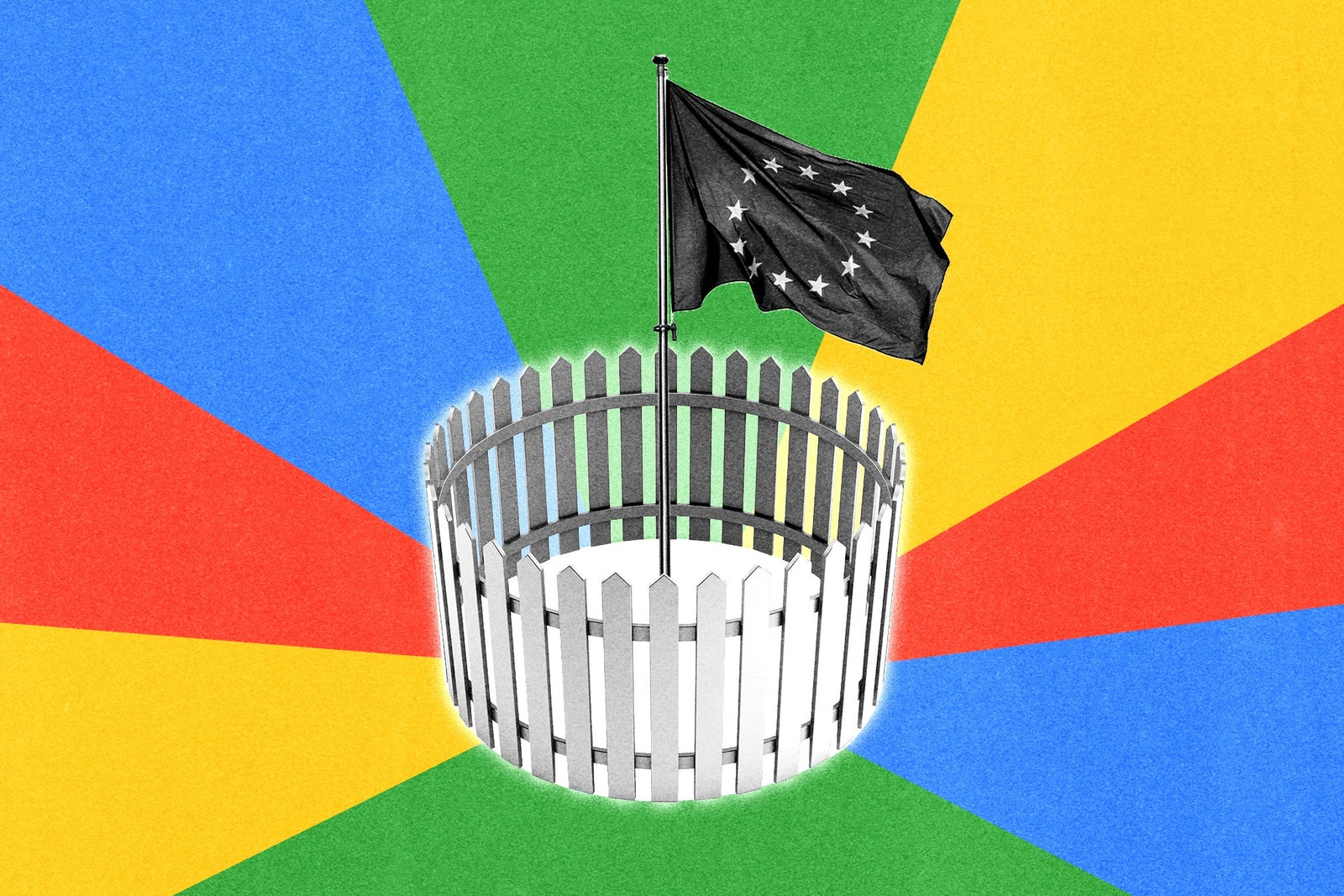 Illustration of the EU flag surrounded by a fence blocking out Google's colors