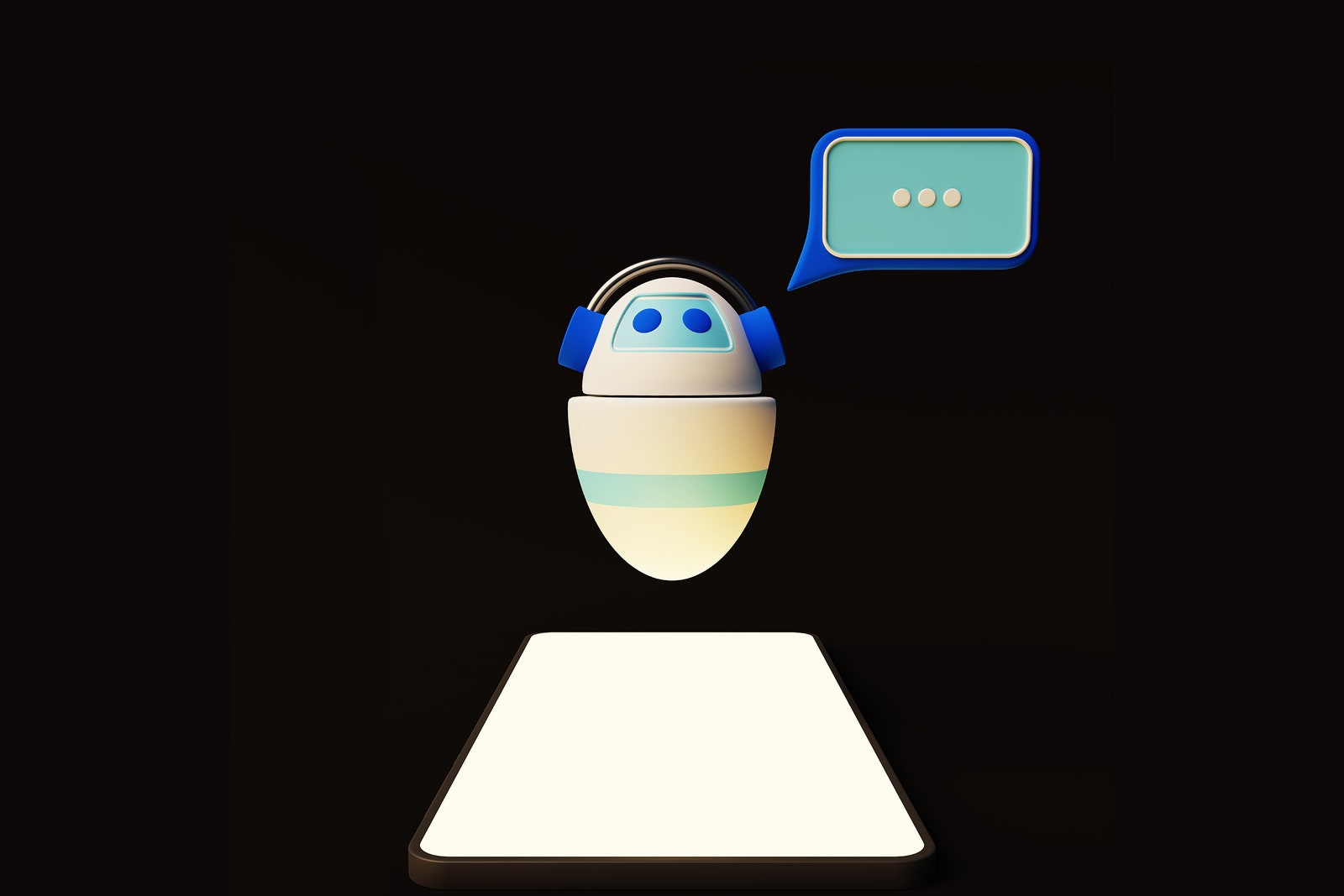 3D render of a robot and speech bubble hovering over a glowing phone screen on a black background