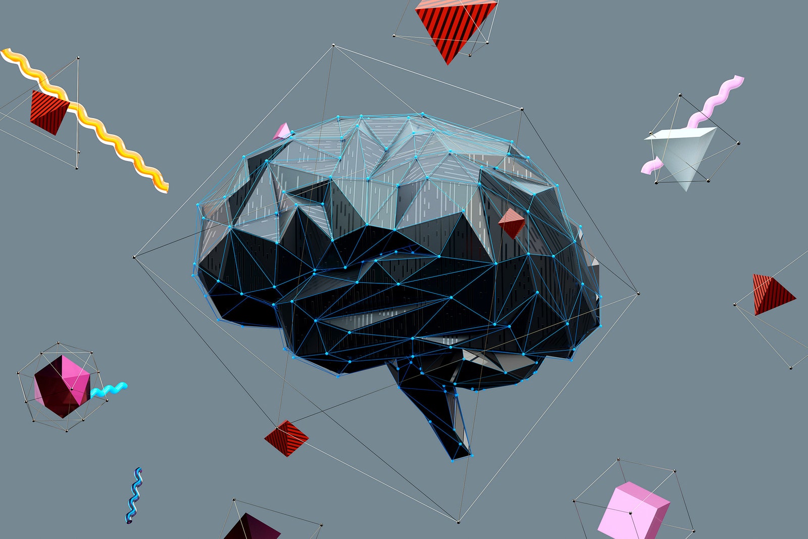 Digital generated image of dark grey geometric brain with glowing blue edges and various shapes floating around it...
