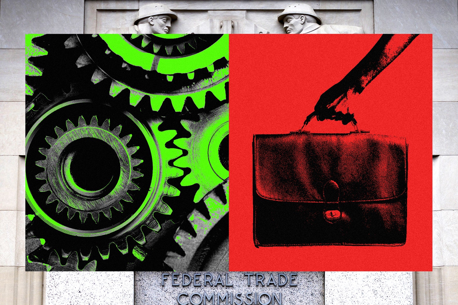 Photo collage of machine gears a briefcase and the FTC building