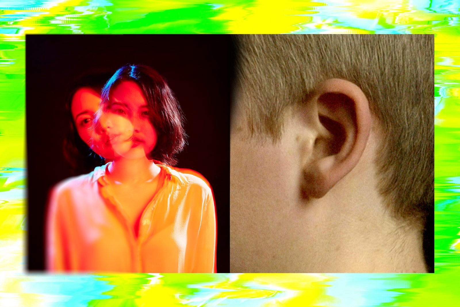 Collage of a double exposure portrait a video of a person's ear morphing from young to old and a glitchy texture