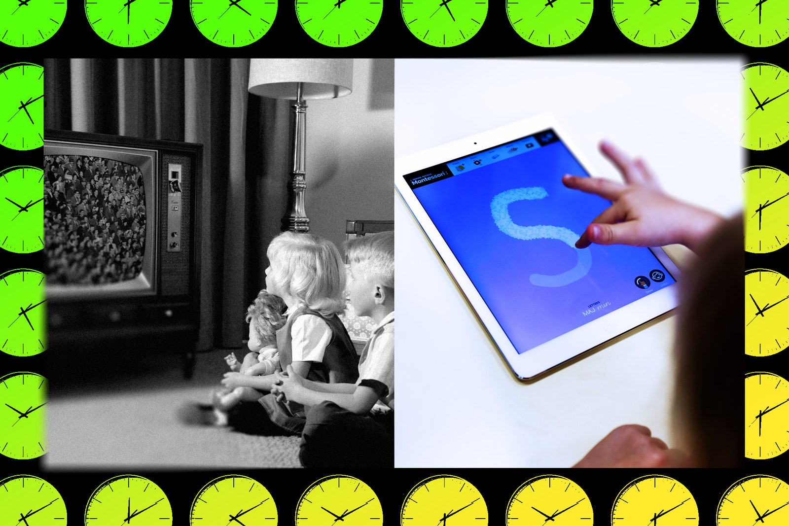 Photo collage of kids watching tv in the 60's a kid using an iPad to do homework and clocks