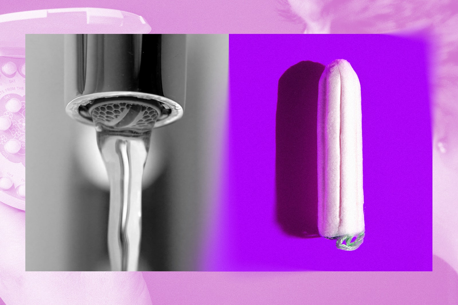 Photo collage of a tampon a faucet turning on and off and a woman holding a circular pack of birth control pills