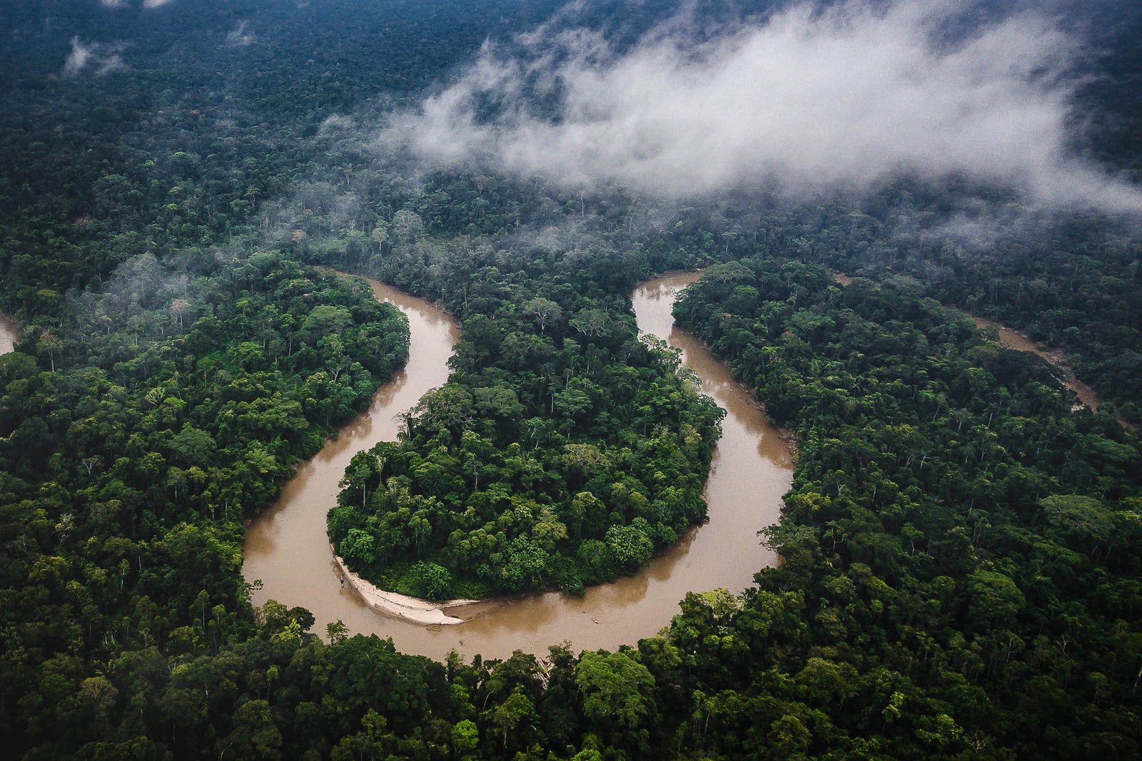 An aerial view of the Amazon River in Ecuador with clouds above