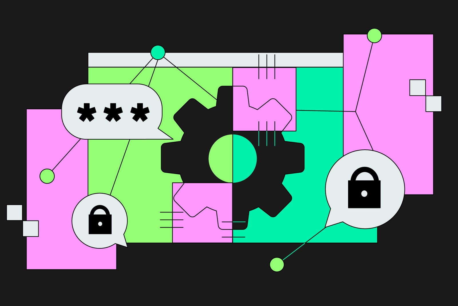 Illustration showing open windows a lock password and a security icon with several patches over it.