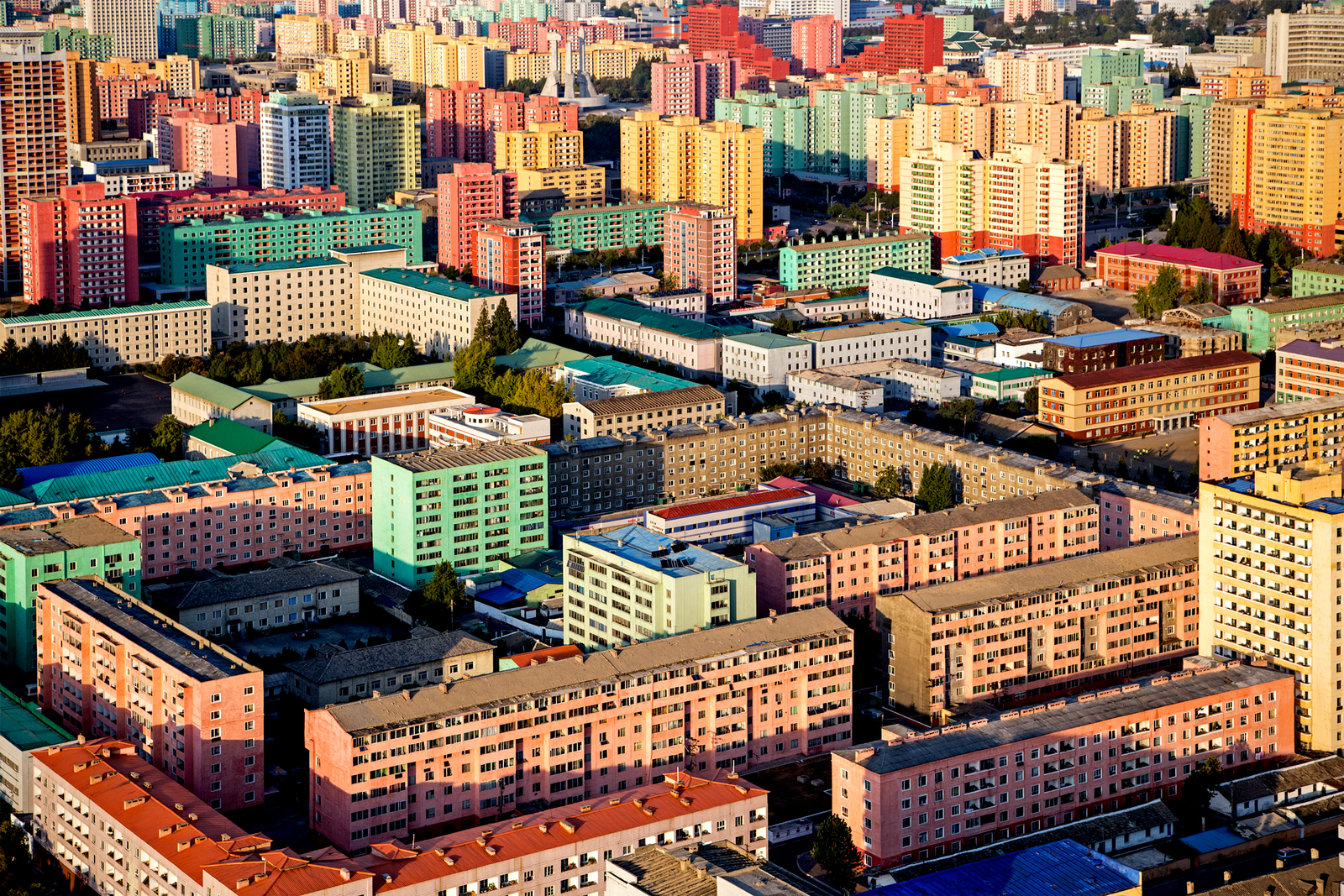 High angle view of buildings in the city of Pyongyang North Korea